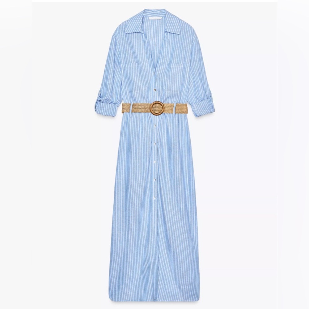 ZARA Trendy yet Classic Striped Linen Sky Blue Striped Maxi Dress🔥🔥🔥